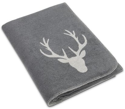 ZOLLNER Kuscheldecke in 150x200 cm - Flauschige und weiche Wendedecke in Zwei schlichten Farben - Trendige Hirschkopfeinwebung in grau - Mischgewebe - waschbar bis 40°C – Oeko Tex® Zertifiziert