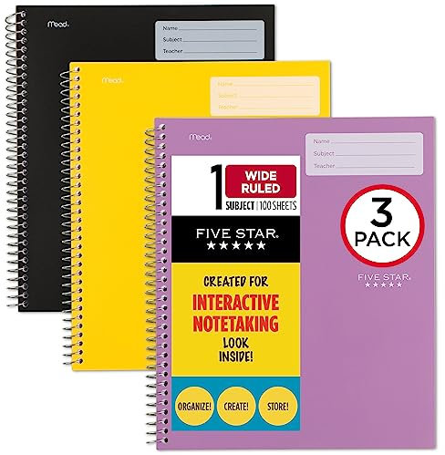 Five Star Quaderni interattivi a spirale, confezione da 3, 1 soggetto, carta a righe larghe, 28 x 21 cm, 100 fogli, nero, viola ametista, giallo (929985-ECM)