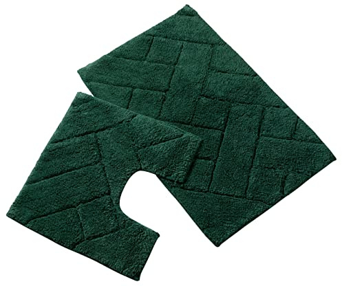 Olivia Rocco Bali 2 Piece Bath Mat Set Super Soft 100% Cotton Easy Care Plush Bath Rug + Toilet Mats Water Absorbent Pedestal Bathmat For Bathroom Toilet Shower, Emerald Green