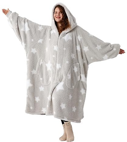 Winthome Plus size Blanket Hoodie for 90-150kg Women Men Adults, 6XL Oversized Sherpa Wearable Blanket with Lengthen Zipper (Grey Star)