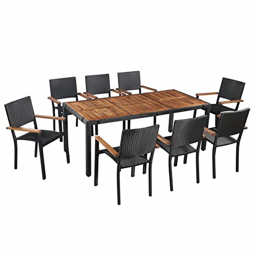 Homgoday 9-teiliges Gartenmöbel-Set aus Polyrattan und Akazie, schwarz, Set aus Tisch und Stühlen für den Garten, Balkon, Terrasse