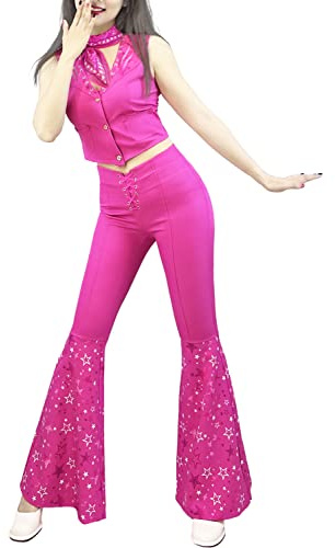 Naywig Cowgirl-Outfit 70er 80er Hippie Disco Kostüm Rosa Schlaghose Halloween Cosplay für Damen Mädchen, Pink, Women-Small