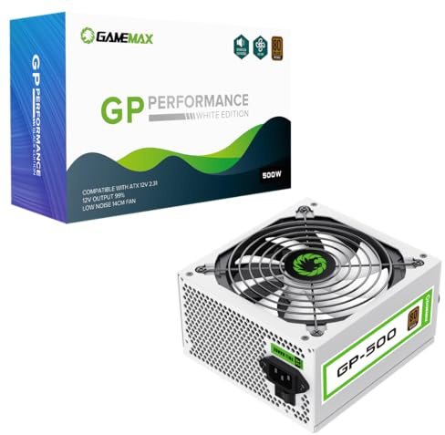 GameMax GP-Series 500W 80 Plus Bronze Power Supply - 500W GameMax GP-Series GP-500, Fully Wired, Single Rail, 140mm Fan, ATX PSU | White