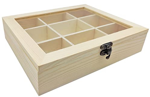 Acan Tradineur - Caja de Madera con 9 Compartimentos y Tapa con Cristal, Expositor de Joyas, Organizador, joyero, Collares, Relojes, 4,8 x 21,2 x 17,9 cm