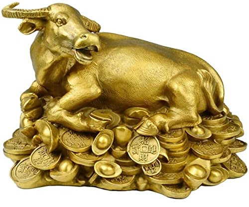 LeGDOr Feng Shui Glücksvieh/Stier-Sternzeichenstatue, Goldener Stier, der auf Barren Tritt, Figur, Messing-Kunsthandwerk, Skulptur, Sammlerstück, lockt Reichtum und Glück an 1030 (Größe: S)