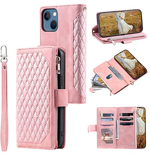 QLTYPRI Wallet Case for iPhone 13(6.1 inch),Luxury Quilted PU Leather Wallet Case with Card Slots for Women,Magnetic Zipper Purse Case with Wrist Strap Kickstand Shockproof Flip Cover-Rose Gold