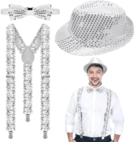 LUKIUP 3 PCS Accessoires Disco Paillette Set Année 70, Argent Deguisement Disco Accessoire pour Soirées Rave, Spectacles de Jazz, Hip-hop, Danse