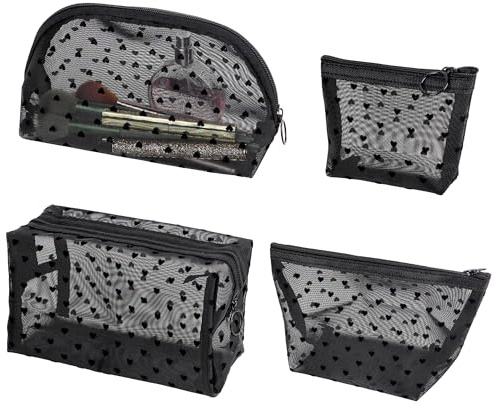 Adorila Netz-Make-up-Tasche, Herz-Druck, Reißverschluss, Netz-Aufbewahrungstasche, Reise-Kosmetik-Zubehör, Organizer für Damen, Schwarz, 4er-Set