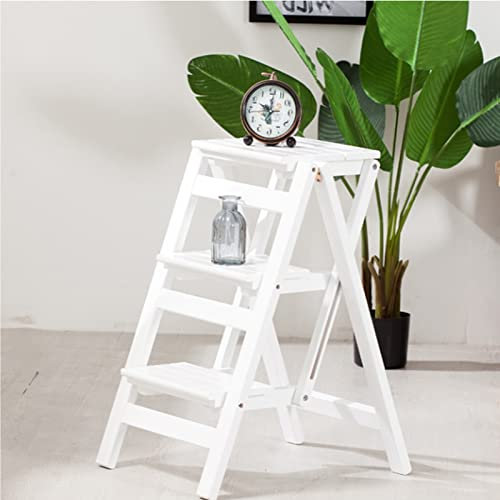 Klappbare Trittleiter, Tritthocker aus Holz für die Küche, weißer Leiterhocker, Kleiner Fußhocker, tragbare Schuhbank/Blumenregal – 150 kg Tragkraft