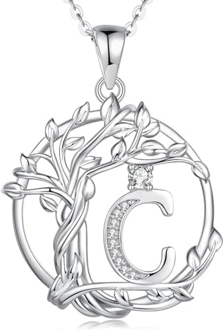 FANCIME Lebensbaum Buchstaben Kette Damen, 925 Sterling Silber A-Z Alphabet Initialen Anhänger Halskette Schmuck Geschenke für Damen Frauen Mädchen, Kettenlänge: 40+5 cm