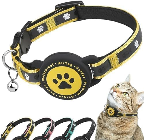 Airtag Katzenhalsband Breakaway, Reflektierendes Kätzchenhalsband mit Airtag-Halterung und Glocke, Bequeme Polsterung, Verstellbar, Langlebig, Passend für Katzen (Gelb, S)
