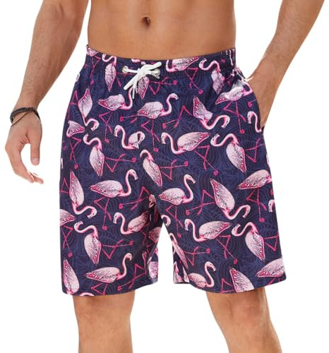 Enlision Herr Baddräkt Herr Badkläder Herr Pool Surfing Snabbtorkande Bermudashorts med nätfoder Fickor Dragsko Justerbar för Sommar Strand Hawaiian Semester Simning S-3XL, Marinblå flamingo, L