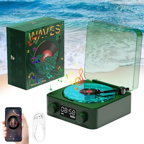 Giradischi in vinile con lampada ad onde d'acqua, colore verde scuro Waves Vinyl Player, Waves Vinyl Bluetooth Giradischi portatile, per camera da letto, ufficio, feste