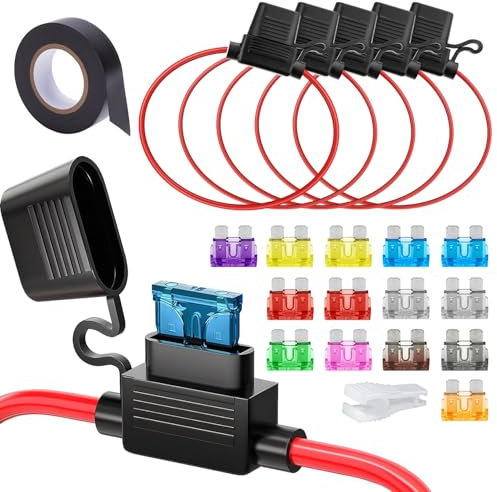 5 portafusibili da 12/16 AWG con filo per auto, 12 V, supporto per fusibili piatti per auto, impermeabile, con 14 pezzi (2 A, 3 A, 5 A, 7,5 A, 10 A, 15 A, 20 A, 25 A, 3 A, 3
