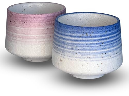 shizuro Tassen Set japanisch - 2 Stück a 190 ml - hochwertige Keramiktasse für Kaffee, Cappuccino und Tee - nachhaltige asiatische vintage Teetasse - Retro modernes Design (Rosa Blau)