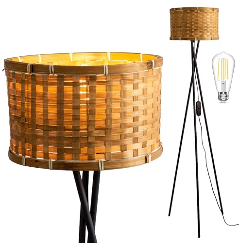 Osasy Modern Tripod Floor Lamp, Decorative Woven Shade, Living Room Corner Light, Black Metal Stand (B1 Woven Bamboo Shade -Deep Brown)