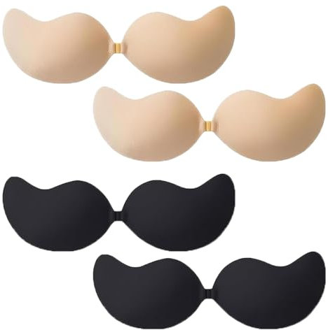 YcsRnn 4 Pack Stick on Bra Push Up - B Cup Sticky Bra for Women, Invisible Adhesive Strapless Bra, Reusable Comfortable Stick on Push Up Bra (2 Black, 2 Nude)