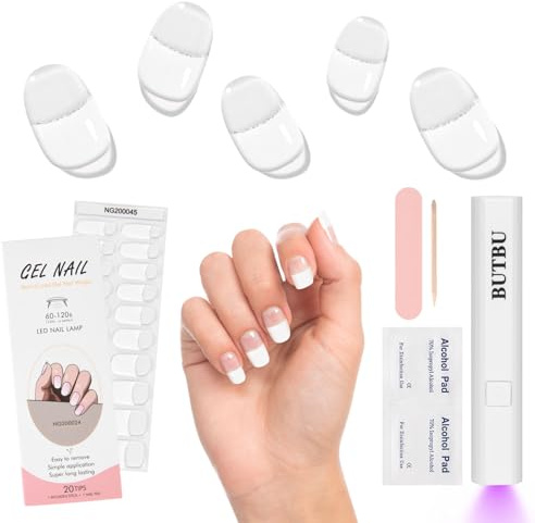BUTBU Nagelfolie, 1 Blatt 20 Stk Uv Gel Folien Set Mit UV-Lampe, Nagelfolien Selbstklebend & UV Härtend, Uv Gel Strips Starter Set, Nagelaufkleber, Press On Nails Mit Nagelfeile (Weiß)