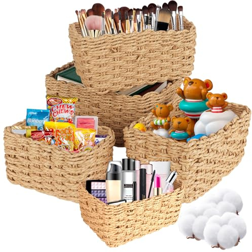 WUSUPU Cestino Portaoggetti In Corda Di Carta Intrecciata 5pcs,Cestino Portaoggetti Per Il Bagno Impilabile,Utilizzato Per Riporre Indumenti,Utensili Da Cucina,Articoli Da Bagno E Giocattoli