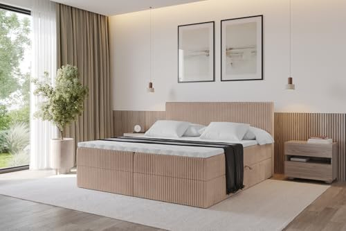 ALTDECOR Boxspringbett mit Matratze und Lattenrost, Topper, Polsterbett mit Bettkasten, Bett mit Stauraum H4-Matratze, Doppelbett, Boxbett - TOLO 200x200 Cord - Beige