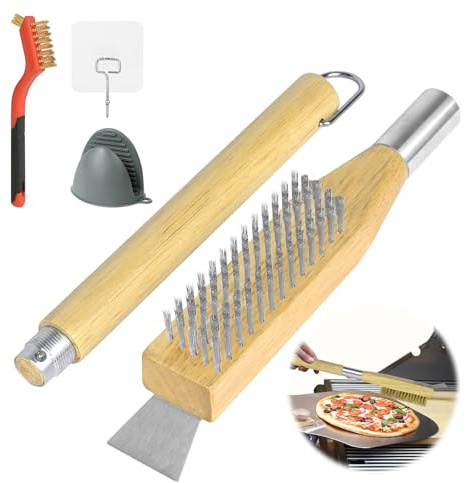 OFFCUP Pizzaofen Bürste 50cm mit Stahlschaber und Kratzfeste Edelstahl Borsten Grillbürste, Holzgriff Pizzastein Bürste Set Grill Reinigungsbürste für Gasgrill Holzkohlegrill