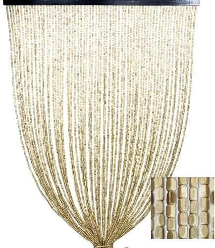 Tex family Tenda Perline Legno Beige Handmade Natura - Fili Bamboo 100% Naturale - Asta Nera - Uso Interno - Decorazione Porta e Divisorio - Cm. 100x220