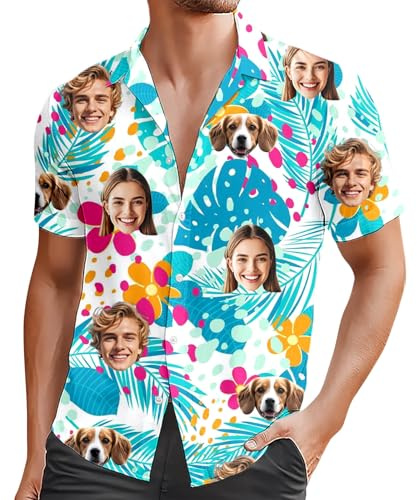 Camisas Hawaianas Personalizadas para Hombre Foto de Cara Personalizada Hawaiana Camisa Verano Manga Corta con Botones Estilo Tropical Camisetas Hombre Informal Personalizada Camisa
