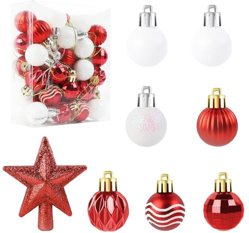 FEMONGY 36 Bolas de Navidad de 3 cm con Estrellas, Decoracion arbol de Navidad, Se Puede Colgar, Adecuado para decoración de Tiendas, escaparates y Lugares de Festivales, Rojo