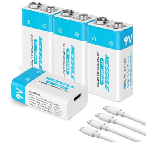 messule 4-Pack Rechargeable 9V Batteries, 1000mAh 9 Volt Lithium-ion Long Lasting Power, USB-C Recharge with 4 in 1 Charging Cable for Smoke Alarms,Multimeters,Microphones,Walkie-Talkie,Toys