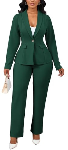 2 Piece Blazer Set for Women Dressy Straight Leg Pant Suit Professional Business Formal Office Work Outfits Dark Green M
