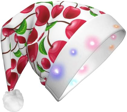 SDEGTHO Sombrero de Papá Noel de cerezas rojas con luces LED intermitentes para adultos
