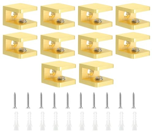 TA-VIGOR 10pcs 8-10mm Glass Clamp Adjustable Brass Shelf Brackets with Rubber Pads, No-Drill Shelf Supports with Screws for Bathroom, Cabinet, Wine Rack (Gold)
