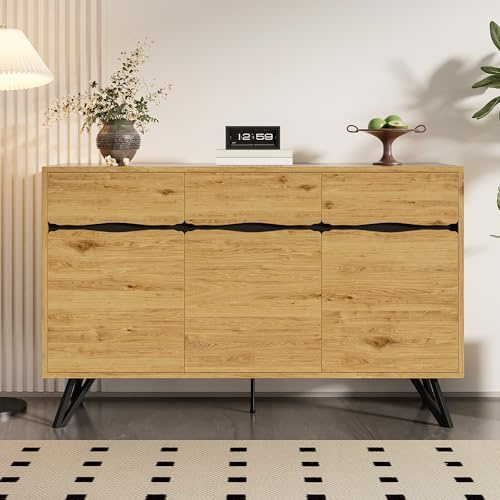 Buffet avec 3 Portes Meuble latéral avec Pieds en métal buffets pour Salon Chambre Salle à Manger Cuisine Placard de Rangement avec Grand Espace Armoire Couleur Bois