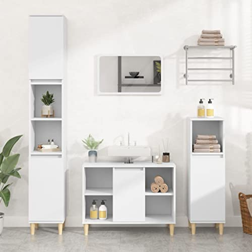 Mobile Base Lavabo Bianco in Legno Ingenerizzato e Eucalipto Massello, Design Salvaspazio con 5 Scomparti e 1 Anta, Mobiles Sotto Lavabos Bagnos, Mobile Base Lavabo e Armadietto da Bagno, 80x33x60 cm