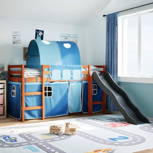QJBSAVVA Kinder-Hochbett mit Rutsche und Tunnel aus Massiv-Kiefer Blau 205,5x93x113,5 cm für Kinderzimmer, Jugendzimmer und Spielzimmer, max 100 kg, Matratze 80x200 cm