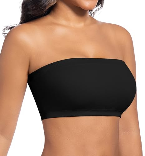 ONEW Sömlös bandeau-bh dam axelbandslös bustier topp utan bygel, axelfri bh, tubtopp med transparenta axelband, svart, S