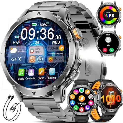 1000mAh Montre Connectée Homme Militaire, 1,7 Smartwatch Homme avec 110+ Modes Sportifs, IP68 Étanche, Appel Bluetooth, 24H Fréquence Cardiaque, Podomètre Android iOS,3 Bracelets,2 Chargeurs,EF24-C