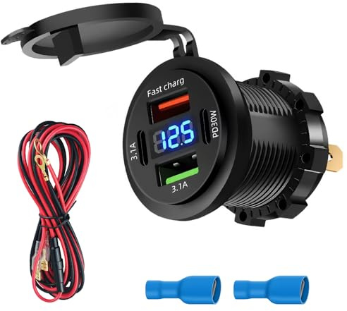 12 Volts 66W Prise USB, 4 Ports Prise de Chargeur de Voiture Double PD 3.1A 30W et Double Rapide Charge USB A avec LED Voltmètre pour Voiture Chargement Rapide pour Bateau Camping-Car Camion Moto