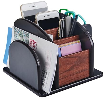 RMNKTHC Organizador de Escritorio de Madera Giratorio con 6 Compartimentos – Portalápices Multifuncional para Objetos Pequeños, Soporte para Mandos a Distancia, para Oficina Escuela Hogar