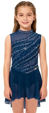 Yihuimin Vestido de patinaje artístico para niña, sin mangas, vestido de patinaje artístico, vestido de ballet, vestido de danza, traje de gimnasia rítmica, maillot de danza, azul marino, 146-152