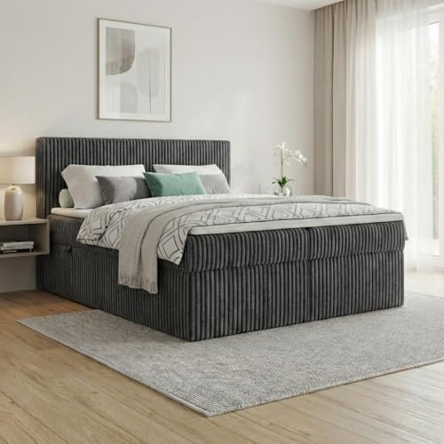 A&J MöbelLand Boxspringbett RALF 180x200 mit Bettkasten und Topper – Bonellmatratze H4 – Stauraum in Dunkelgrau