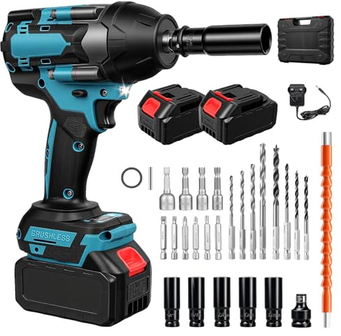 Cordless Impact Wrench, 700N·m 1/2 Brushless Impact Gun, 3200 RPM Electric Impact Driver, 2x4.0Ah Batteries, Variable Speeds for Family Car/Pickup Truck/Mower