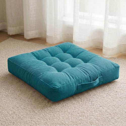 BUERPINKING Bodenkissen Stuhlkissen 45x45cm, Dickes Matratzenkissen 8cm, Quadrat Cordstoff Stuhlauflage Sitzpolster, Indoor & Outdoor Sitzkissen Boden Tragegriff extra Dicke Sitzauflagen,Blau