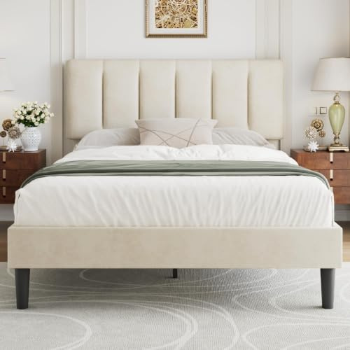 VECELO Lit Double 140×190cm Rembourré en Velours, Tête de Lit avec Remplissage d'Éponge Confortable et Réglable en Hauteur, Cadre Plateforme, Sommier à Lattes en Bois Solide, Assemblage Facile, Beige