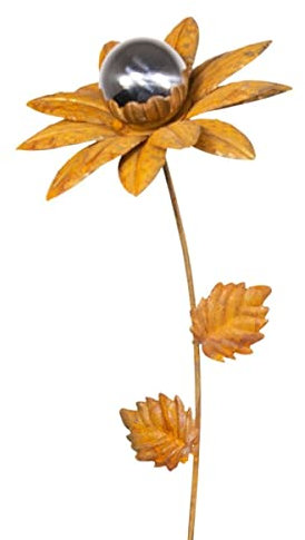 CIM Rost Gartenstecker Gartendeko - Edelrostblume Mirror Narzisse S - Abmessung: 18x18x91cm - oxidierter Stahl, polierte Edelstahlkugel - inkl. 2-zackiger Bodenverankerung