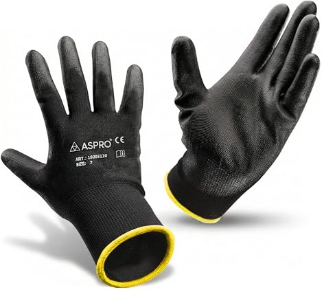 Guantes de trabajo de nailon negro con revestimiento de poliuretano para constructores, jardineros, etc. de ASPRO, negro