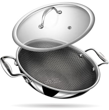 Stahl Triply Antihaft-Wok mit Deckel | Edelstahl-Wok mit Induktionsboden | Tri-Ply Kratzfest | Ø 24 cm | 2,4 Liter (für 4-5 Personen)