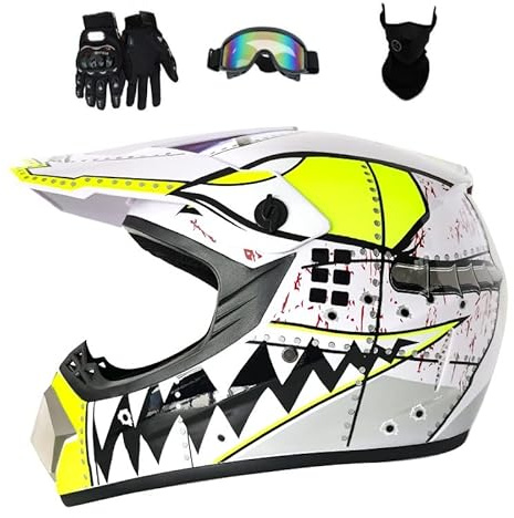 Senhill Youth ATV Dirt Bike Helmet, Motocross Helmet with Gloves Goggles Mask, Full Face Motorcycle Helmet, Adjustable Sun Visor & Quick Release Buckle, DOT/FMVSS 218 Approved (White, L)