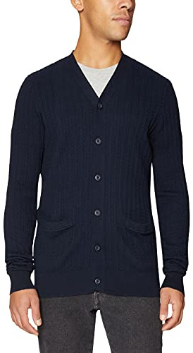 Men's Cable Cardigan Sweater Cashmere V Neck Buttons Cardigan with Pockets (M, Navy)