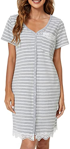UMIPUBO Camicia da Notte Donna Estivo Manica Corta Cotone Pigiama Scollo a V Vestito con Bottoni Pizzo Comoda Casual per Casa (Stripe-Grigio, L)